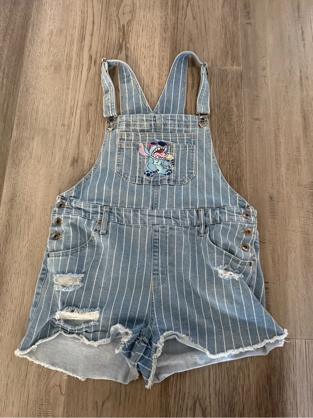 Disney Light Blue Pinstripe Denim Overall Shorts with Stitch Patch